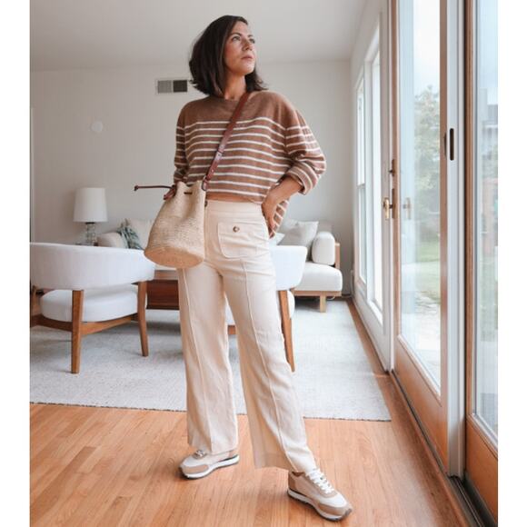 NWT Sezane Emilio Mid Rise Straight Wide Leg Cropped Trouser Pant Beige Size 8 - Picture 2 of 8
